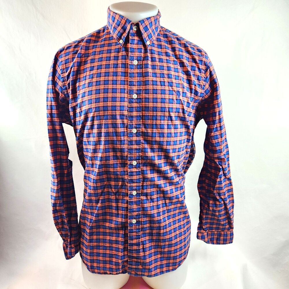 Ralph Lauren Shirt Mens Large Orange Blue Button Down Plaid Casual Preppy Pony